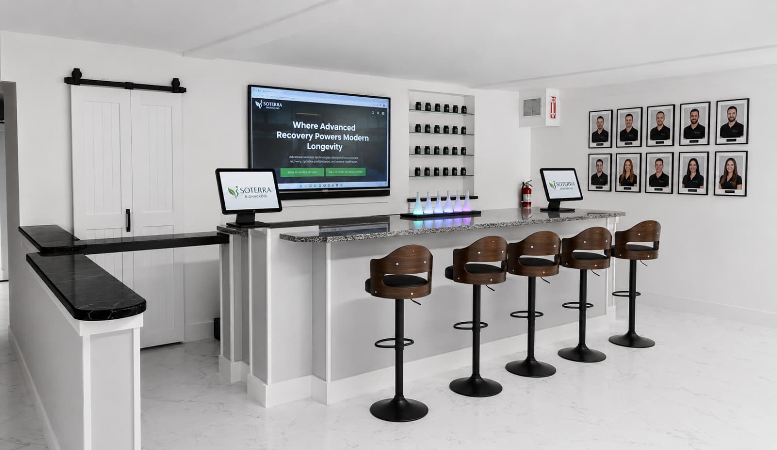 Inside the Soterra Wellness office: the front recovery bar and consultation area